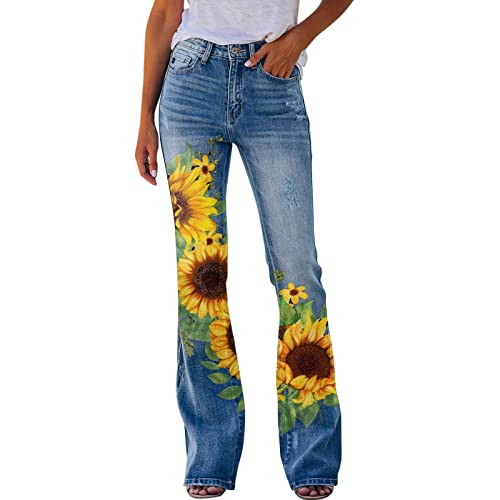 Lässige Bedruckte Damenjeans Mit Locker Ausgestelltem Saum Stretch Hose Damen Hosen Bequeme Micro Flared Jeans Blau Jeanshosen Skinny Elegant High Waist Damenhose Slim Fit Jeanshose (Yellow, M)