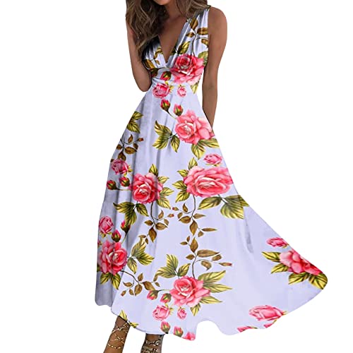 Generisch Sommerkleid Damen Lang, V-Ausschnitt Ärmellos A Linien Elegant Maxikleid Damenkleider Sommer Knielang Kleider Strandkleid Beige Lang Große Größen Hochzeitsgast Midi (M, Hot Pink)