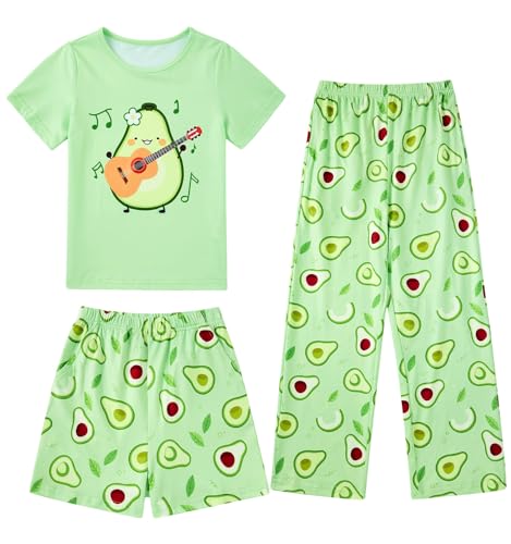 Fanient Schlafanzug Mädchen Niedliche Grüne Avocado Drucken Pyjama Dreiteiliger Pyjama für Mädchen 9-10 Jahre