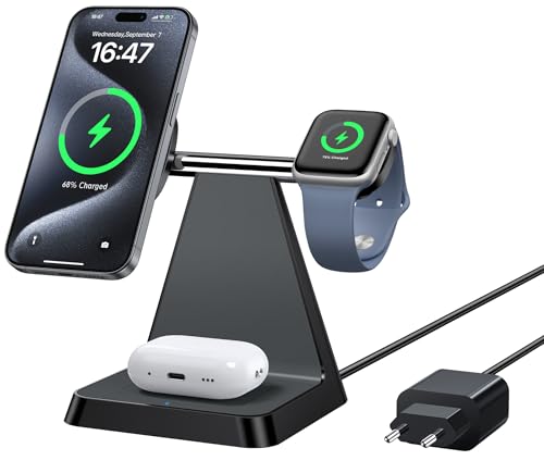 Mag-Safe Ladegerät Für iPhone Wireless Charger: 3 in 1 Mag-Safe Ladestation Kompatibel mit iPhone 16 15 14 13 12 Serie, Travel Induktive Ladestation Für Apple Watch & Air Pods(Schwarz)