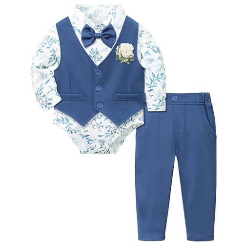 Taufanzüge Baby Jungen Taufe Kleidung Anzüge,Infant Evening Gentleman Outfits Bekleidungssets,Formelle Kleidung Strampler Hemd + Weste + Hose Baby Kinderkleidung 0-18 Monate (Blue, 3-6 Months)