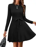 Hotouch Kleider Für Damen Langarm Pulloverkleid Frauen Elegant Midikleid Mit Gürtel Rundhals Strickkleid A-Linie Pullikleid Für Herbst Und Winter Schwarz M