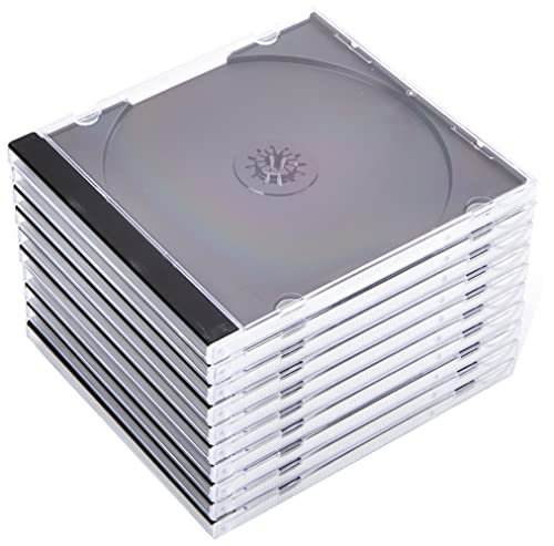 Hama CD-Leerhüllen 10 Stück (Jewel Case für CD/DVD/Blu-ray, Leerbox zur Archivierung, Aufbewahrung, Standard CD-Schutzhülle, Transport-Hülle) transparent-schwarz