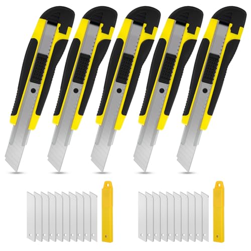 5pcs Cuttermesser Profi Cutter Messer Set 18 mm mit 20 Ersatzklingen aus SK5, Mehrzweck-Teppichmesser Profi Mit Gummihandle, Cutter Messer mit Sicherheitsschlos