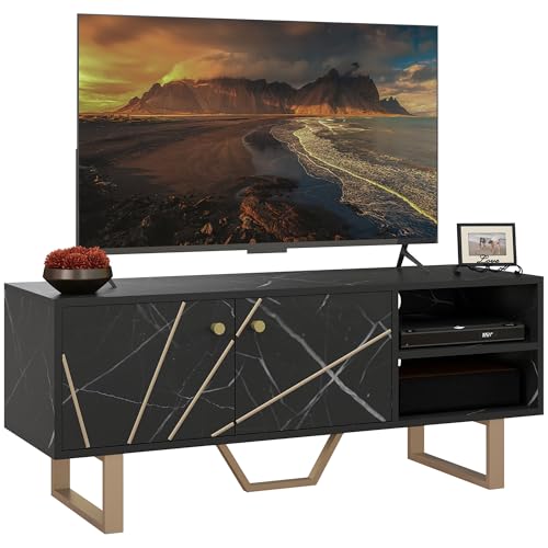 HOMCOM TV-Tisch TV-Tisch mit 2 Türen Verstellbares Regal und Marmor-Effekt TV-Tisch für Wohnzimmer für 50" TVs Schwarz und Gold