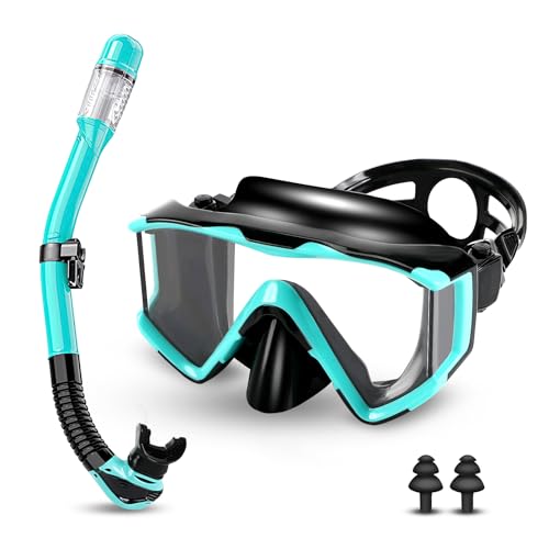 Schnorchelset Erwachsene,Taucherbrille Erwachsene mit Dry Schnorchel, wasserdichte Tauchmaske Anti-Fog Anti-Leck,Mit gehärteter Glaslinse, Schnorchelsets für Schnorcheln und Tauchen (Schwarz/Grün)