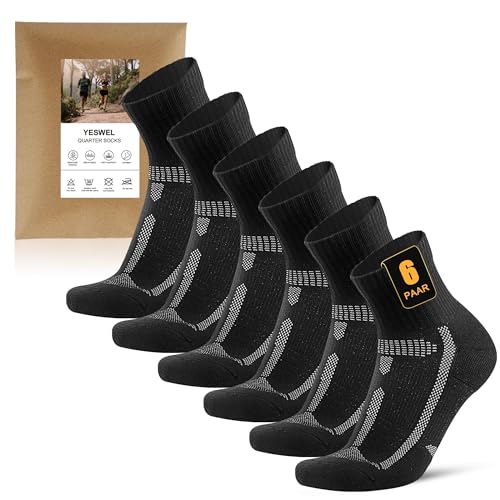 YESWEL 6 Paar Laufsocken Herren 39-42, Quarter Sportsocken mit Polsterung, Atmungsaktive Running Socken für Laufen,Sport (Schwarz)