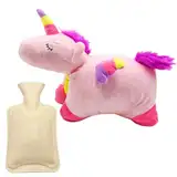 Cyiecweu Wärmflasche mit Bezug Fluffy Tier, 1L Abnehmbar und Waschbar Einhorn Wärmflasche Kuscheltier zur Behandlung von Schmerzen Fieber, Plüsch Handwärmer für Kinder, Unicorn, Bauch, Rücken