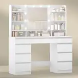 Hzuaneri Große Schminktisch mit LED-Beleuchtung, 10 LED-Lichtkugeln, 3 Farben, einstellbare Helligkeit, Schminktisch mit Spiegel, 9 Schubladen, 9 offenen Ablagen, moderner Stil, Weiß-Braun DT35703WV1