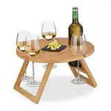 Relaxdays Picknick Weintisch, klappbar, HxD: 22x39cm, Getränkehalter 4 Weingläser & 1 Flasche, Bambus Weintablett, Natur