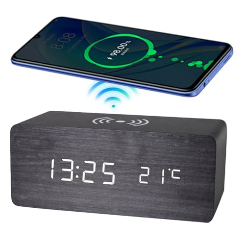 Vegena Digitaler Wecker,Holz Wecker mit Ladestation,Wecker Digital mit Thermometer,Digitale Uhr Mit Leuchtziffern,Tischuhr Alarm Clock Für Schlafzimmer,Büros,Wohnzimmer(Hölzern,Schwarz)