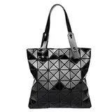 whatUneed Womens Top-Griff Taschen, geometrische leuchtende Schultertasche, faltbare PVC-Leder-Scherbe-Gitter-Einkaufstasche-Einkaufstasche