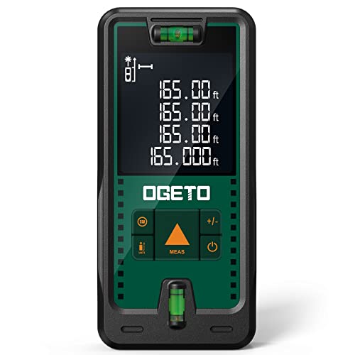 Laser Entfernungsmesser 50m, OGETO Laser Entfernungsmesser mit LCD Hintergrundbeleuchtung, 99 Datensätze, M/In/Ft, Pythagoras/Abstand/Fläche/Volumen Messungen(2*AAA Batterien, IP54)