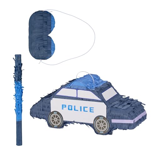 Relaxdays Pinata Polizei, mit Stab & Maske, Partypinata Kinder, Geburtstag, zum Befüllen, HxBxT: 22 x 50 x 16 cm, blau