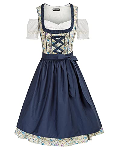 SCARLET DARKNESS Dirndl Midi Set 3 teilig. Trachten Kleid für Karneval Dunkelblau und Blumendruck XL