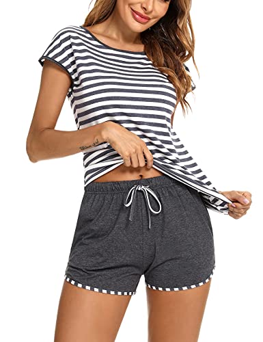 Aseniza Schlafanzug Damen Kurz Baumwolle Pyjama Set Rundhals Zweiteiliger Nachtwäsche Shorty Loungewear Sleepwear für Sommer,F-Grau,XL