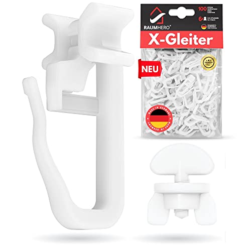 Raumhero® X-Gleiter für Gardinenschienen (Komplettset 100x X-Gleiter inkl. 6X Stopper) - 6mm Standardmaß Gardinengleiter - Gardinenhaken für Schienen - 100% Made in Germany