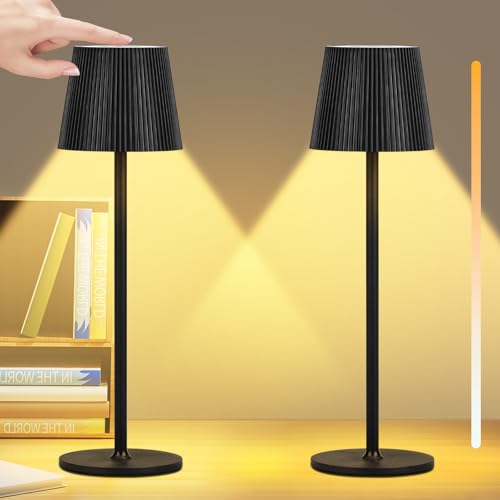 Onherm 2 Stück LED Tischlampe Kabellos Akku Tischleuchte Touch Lampe 3 Farbtemperatur Dimmbare Nachttischlampe für Nachttisch Schreibtisch Outdoor Esstisch, USB Aufladbar, IP54 Wasserdicht, Schwarz