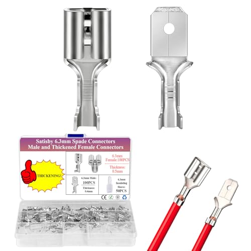 100PCS verdickte 6.3mm Flachsteckhülsen und 100PCS Flachstecker Messingverzinnung, Hoch leitfähig Flachsteckhülsen 6.3mm mit Isolierhülsen
