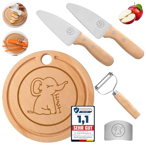 Eli® Edelstahl Kindermesser Set - hochwertiges 5 teiliges Kinder Küchenmesser Set - Messerset mit Fingerschutz und Schneidebrett - Schäler - Schneiden und Kochen von Obst oder Gemüse - Kochmessser