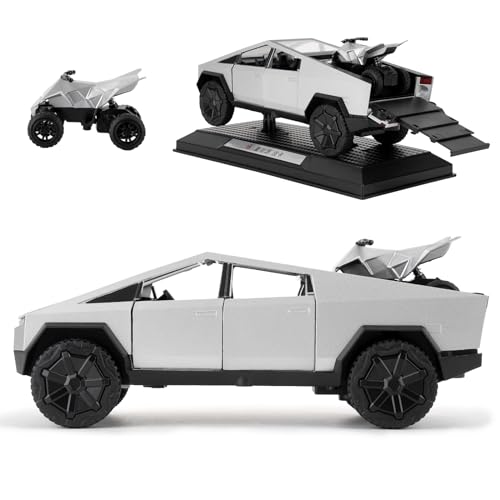 TGRCM-CZ 1/32 Tesla Cybertruck Elektrisches Pick-Up LKW Modell Auto Mit einem Motorrad, Zink Legierung Pull Back Spielzeugauto mit Ton und Licht für Kinder Jungen Mädchen Geschenk (silbrig)