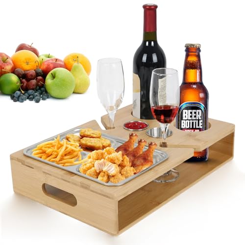 LeuKoles Couch Bar, Sofa Tray Snack Box, Holzer Couch-Organizer mit 304 Edelstahl-Snackschalen, Träger für Getränke, Snacks und Weingläser, Sofa Butler für Wohnzimmercouch, Picknick, Party (Typ-B)