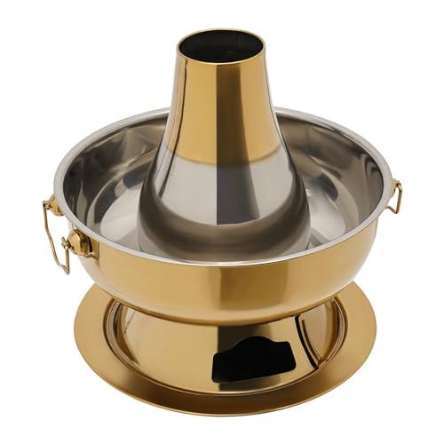 Campingherde Hot Pot, Chinesischer Fleischfondue Holzkohle-Hotpot, Hotpot mit Schornstein, Vintage-Edelstahl-Hotpot, Picknickkocher, mit 2 Suppenkellen (2,3L Messing)