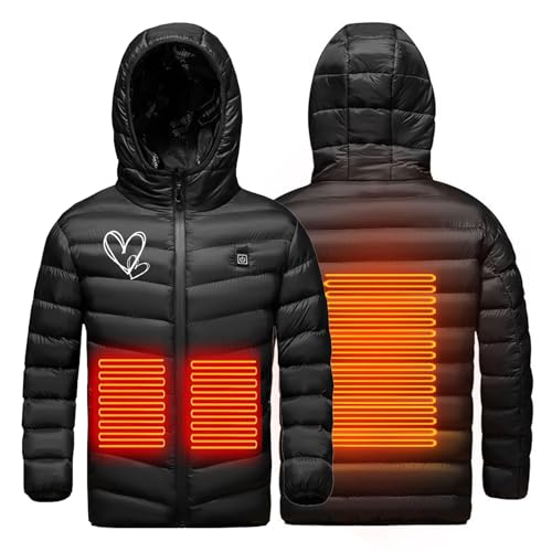 Beheizte Winterjacke für Jungen und Mädchen, Kinder Wasserdicht Winddicht Heizbare Daunenjacke mit Kapuze, 3 Heizstufen, 3 Heizzonen, Atmungsaktiv Einstellbar Wärmejacke für Outdoor