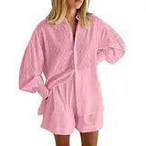 Damen Langarm Puffärmel Freizeithemd Set Casual 2-Stück Reverskragen Langes Ärmeln Oberteil Baggy Lang Hosen 2-Teilig Täglich Elegante Frauen Bequeme Straight Hausanzug Im Haus Pyjama (Pink, L)