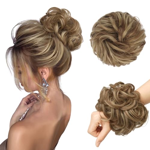 FESHFEN Haarteil Mit Gummiband, Groß Dutt Haarteil Haargummi Mit Haaren Gelockt Haardutt Synthetisch Haarverlängerung Pferdeschwanz Haarteile für Damen Mädchen, Braun & Blond 55g