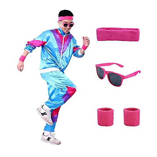 80er Jahre Outfit Herren Damen,90er Jahre Kostüm 80s Trainingsanzug Jogginganzug Sportanzug Erwachsene Faschingskostüme für Mottoparty Karneval Halloween (Blau, 2XL)