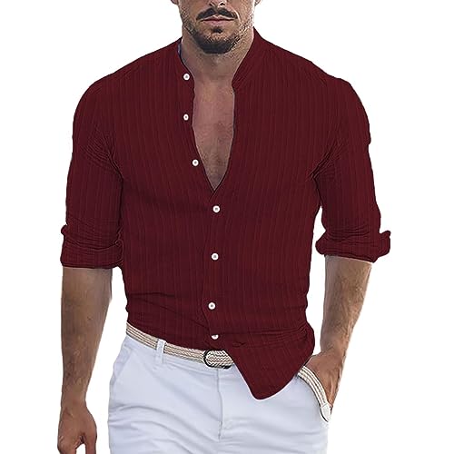 hehiy Herren Langarmhemd Aus Leinen Basic Hemd Mit Kragen Langarm FüR MäNner Langarmhemden FüR MäNner Outdoor Hemd Herren Langarm Leinen Shirt Herren Sommer Business Hemd Herren Weiß BüGelfrei