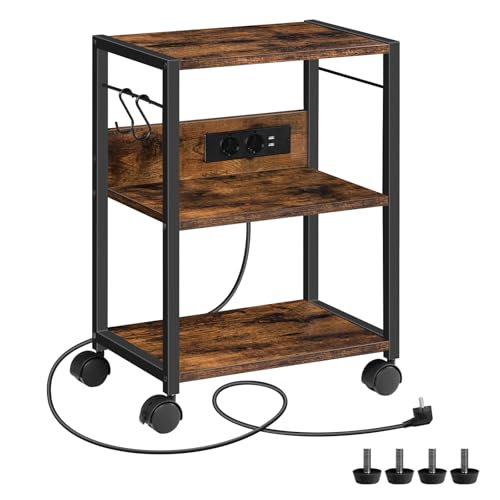 MAHANCRIS Druckertisch mit Rollen, 28 x 42 x 60 cm, 3-stufiger Druckerständer mit Ladestation, Lagerregal mit 2 Steckdosen und 2 USB, mit 2 Haken, für Büro, Vintagebraun und Schwarz APTHR40UE01