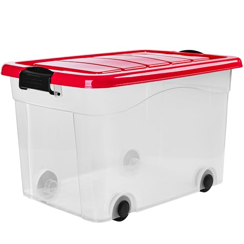 KONZEPT Aufbewahrungsbox 40L mit Deckel & hochwertigen Rollen – BPA-frei, stapelbar, stabile Verschlüsse, Transparent – für Haushalt & Büro