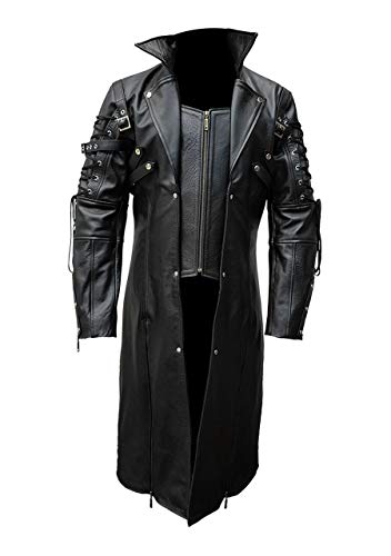 Herren Trenchcoat aus echtem Leder, Gothic-Stil, Schwarz, Schwarz , XL