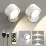 LED Akku Wandleuchte Innen, 2 Stück Wandlampe ohne Stromanschluss Wandlichter, 3 Farbmodi Kabellose Nachttischlampe mit Fernbedienung, 360° Aufladbare Wand Lampe für Kinder Wohnzimmer Schlafzimmer