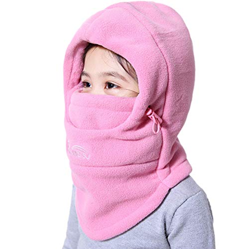 VJOLI Unisex Kinder Winter Mütze Jungen Mädchen Kapuzenschal, 5 in 1 Hut mit Warmen Schal Ski-Outdoor Sport Winter Schlupfmütze Cap 1-10 Jahren (Pink)