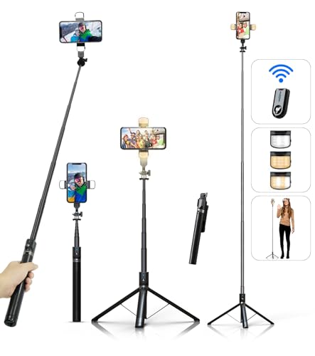 Selfie Stick Handy Stativ für Smartphone - ASHINER 180cm Hoher Handyhalter mit Fernbedienung und LED Fülllichtern für Reisen, Vlogging, Live-Streaming, Handyhalterung Kompatibel mit iPhone und Android