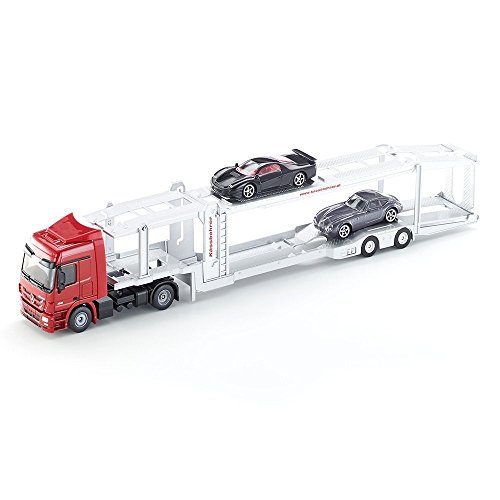 siku 3934, Autotransporter, Inkl. 2 Spielzeug-Autos, 1:50, Metall/Kunststoff, Rot/Silber, Abkoppelbarer Auflieger