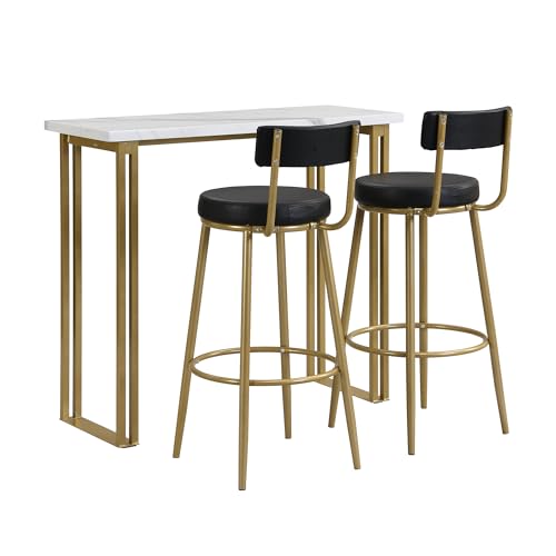 Barstuhl-Set, rechteckiger weißer Esstisch, 1 Bartisch, 2 Stühle, 4 Freizeitstühle mit Metallbeinen, Gold + Schwarz + Weiß