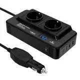 200W Auto Spannungswandler Wechselrichter DC 12V to AC 230V mit 2 Steckdosen und 4 USB Ports Schnelles Aufladen KFZ Ladegerät mit Zigarettenanzünderstecker für Geschaeftsfahrten und Urlaub