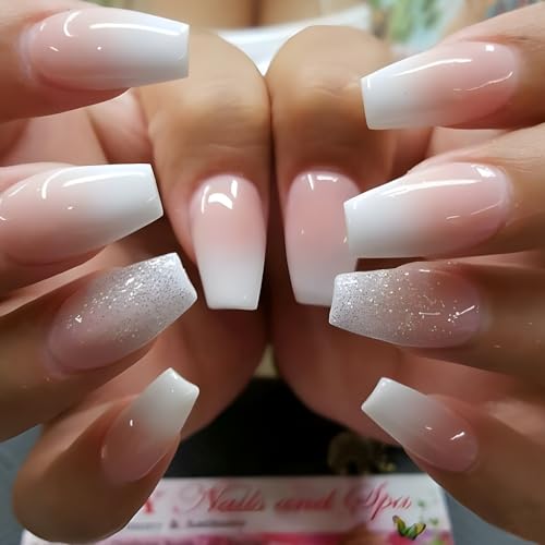 MouyouGlow Press on Nails Kurz,Ballerina Babyboomer Farbverlauf Weiss Glitzer Fake Nails Kunstnägel mit Nagelkleber,Natural Pink Ombre White Künstliche Fingernägel … … …