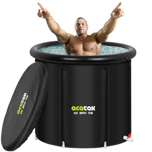 acetek Eisbad Tonne für Athleten mit Abdeckung 90cm，477L tragbares Ice Bath tub für Kryotherapie，Faltbare Eisbad Badewanne für Sportler Freistehende，Mobile Badewanne Eisfass für Outdoor den Innen