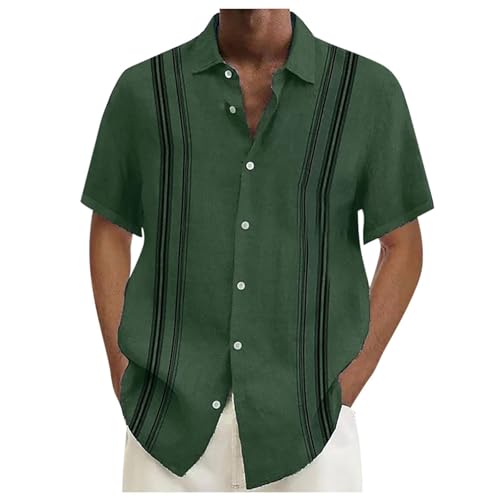 Generisch Herren-Leinenhemden, lässige Baumwolle, Henley-Ausschnitt, gestreiftes Hemd, Sommer-Kurzarmhemden Shirt Herren Kurzarm Jako Natürliche Plissee-Struktur