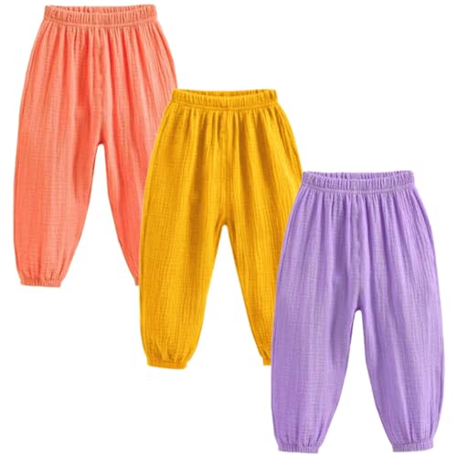 3 Pack of Kinder Mädchen Jungen Sommer Anti-Moskito Leinenhose Bloomers Baumwolle Lange Hosen dünn Pumphose Haremshose Jogginghose Lässige Hose 120