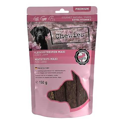 Chewies Fleischstreifen Maxi aus 100% Lamm - 150 g - Fleischstreifen für Hunde - getrocknete Lammfleisch Kaustreifen - hypoallergen & getreidefrei - Dörrfleisch vom Lamm