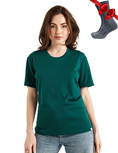 Merino.tech Merinowolle T-Shirt Damen - 100% Merinowolle Leichte Basisschicht Damen Kurzarm T-Shirt + Merinowolle Wandersocken (Large, Forest Green Crewneck)