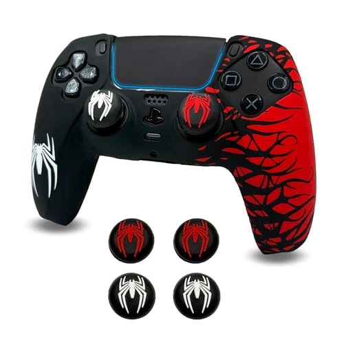 ElitePlay Schwarze und rote Spinne, rutschfeste Silikon-Schutzhülle für PS5-Controller, weiche Gummi-Hülle für PS5-Wireless-Controller mit 2 Sets Daumengriffen
