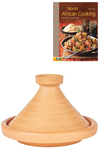 Marokkanische Tajine Topf zum Kochen + Kochbuch | Schmortopf Unglasiert Aladin Ø 26cm für 1-3 Personen | inklusive Rezepte Buch Nord Afrikanische Küche | Tontopf handgetöpfert aus Marokko