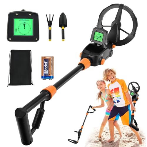 Metalldetektor Kinder, Leichter Metalldetektor mit LCD-Display und wasserdichter Suchspule, Hochpräziser Metalldetektor für Kinder mit Rechen, Schaufel, Rucksack, Geschenk für Kinder, Anfänger